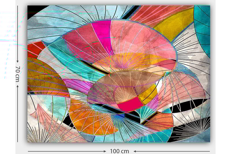 Lærred 70x100 cm - Abstrakt komposition af farverige former, der minder om blade eller skærme - Lyserød / Turkis / Orange - Boligtilbehør - Billeder & kunst - Billeder på lærred