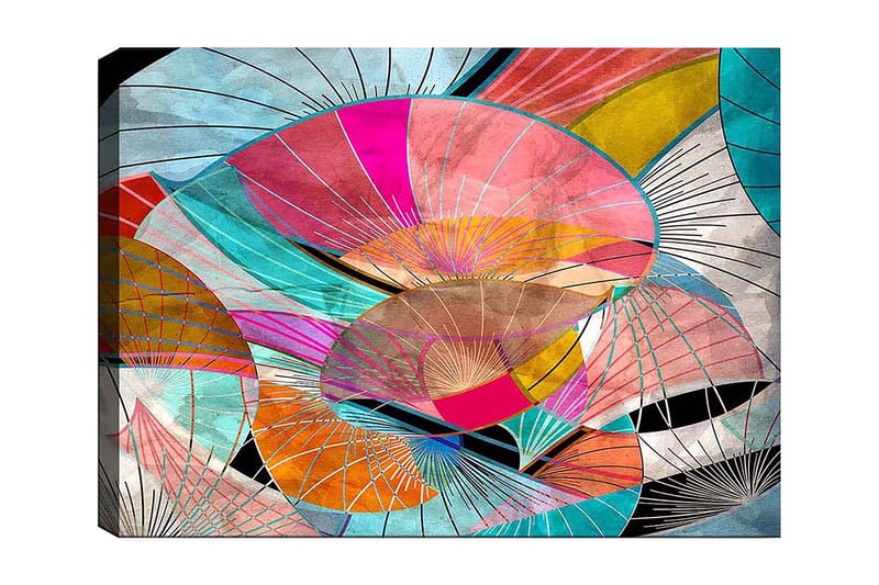 Lærred 70x100 cm - Abstrakt komposition af farverige former, der minder om blade eller skærme, Lyserød / Turkis / Orange