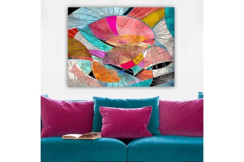 Lærred 70x100 cm - Abstrakt komposition af farverige former, der minder om blade eller skærme - Lyserød / Turkis / Orange - Boligtilbehør - Billeder & kunst - Billeder på lærred