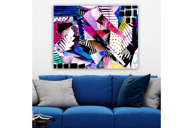 Lærred 70x100 cm - Abstrakt komposition af farverige geometriske former og mønstre - Lilla / Blå / Sort - Boligtilbehør - Billeder & kunst - Billeder på lærred