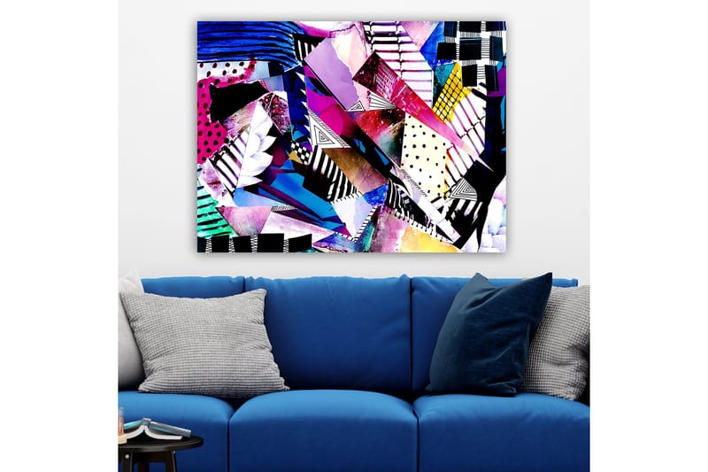 Lærred 70x100 cm - Abstrakt komposition af farverige geometriske former og mønstre - Lilla / Blå / Sort - Boligtilbehør - Billeder & kunst - Billeder på lærred