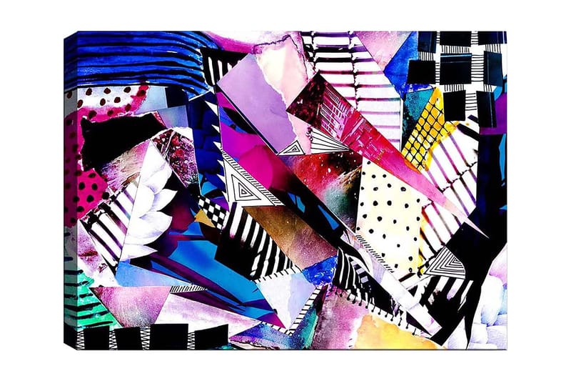 Lærred 70x100 cm - Abstrakt komposition af farverige geometriske former og mønstre, Lilla / Blå / Sort