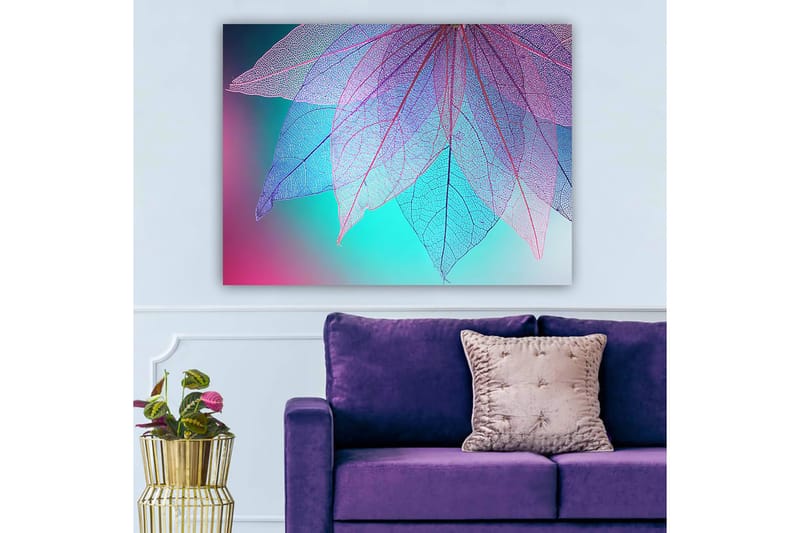 Lærred 70x100 cm - Abstrakt komposition af gennemsigtige blade med en harmonisk farvepalet - Lilla / Turkis / Lyserød - Boligtilbehør - Billeder & kunst - Billeder på lærred