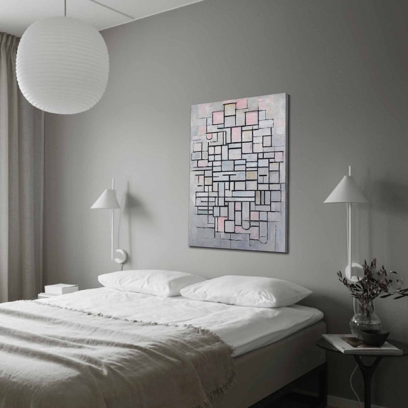 Lærred 70x100 cm - Abstrakt komposition af geometriske former i bløde nuancer, Lysegrå / Pink / Sort