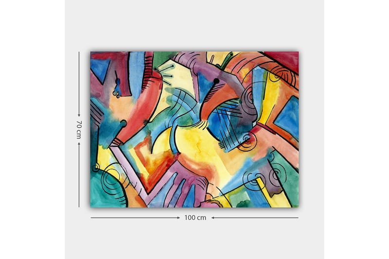 Lærred 70x100 cm - Abstrakt komposition af hænder og former, der symboliserer samhørighed og bevægelse - Rød / Blå / Gul - Boligtilbehør - Billeder & kunst - Billeder på lærred