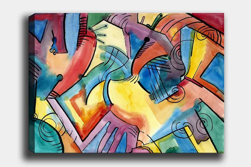 Lærred 70x100 cm - Abstrakt komposition af hænder og former, der symboliserer samhørighed og bevægelse, Rød / Blå / Gul