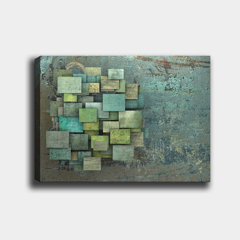 Lærred 70x100 cm - Abstrakt komposition af overlappende firkanter i forskellige nuancer af grøn og blå, Grøn / Turkis / Blå