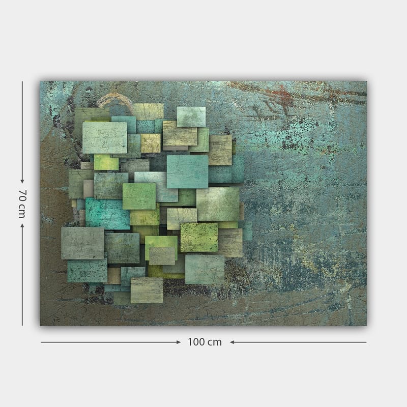 Lærred 70x100 cm - Abstrakt komposition af overlappende firkanter i forskellige nuancer af grøn og blå - Grøn / Turkis / Blå - Boligtilbehør - Billeder & kunst - Billeder på lærred