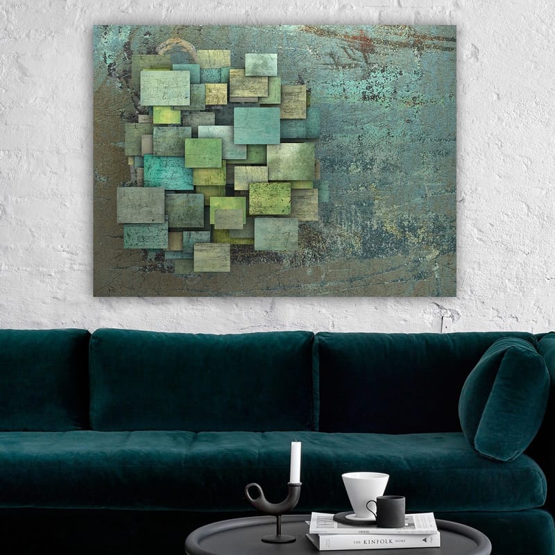 Lærred 70x100 cm - Abstrakt komposition af overlappende firkanter i forskellige nuancer af grøn og blå - Grøn / Turkis / Blå - Boligtilbehør - Billeder & kunst - Billeder på lærred