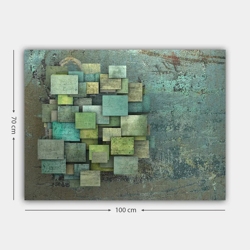 Lærred 70x100 cm - Abstrakt komposition af overlappende firkanter i forskellige nuancer af grøn og blå - Grøn / Turkis / Blå - Boligtilbehør - Billeder & kunst - Billeder på lærred