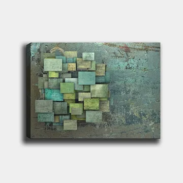 Lærred 70x100 cm - Abstrakt komposition af overlappende firkanter i forskellige nuancer af grøn og blå - Grøn / Turkis / Blå - Boligtilbehør - Billeder & kunst - Billeder på lærred
