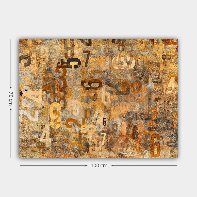 Lærred 70x100 cm - Abstrakt komposition af tal i forskellige størrelser og nuancer - Orange / Beige / Brun - Boligtilbehør - Billeder & kunst - Billeder på lærred