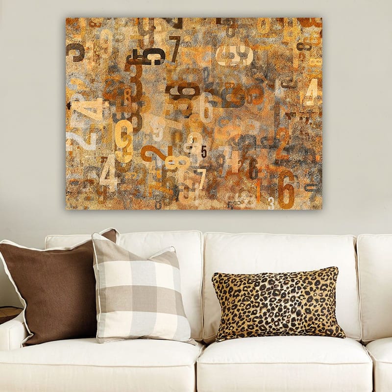 Lærred 70x100 cm - Abstrakt komposition af tal i forskellige størrelser og nuancer - Orange / Beige / Brun - Boligtilbehør - Billeder & kunst - Billeder på lærred
