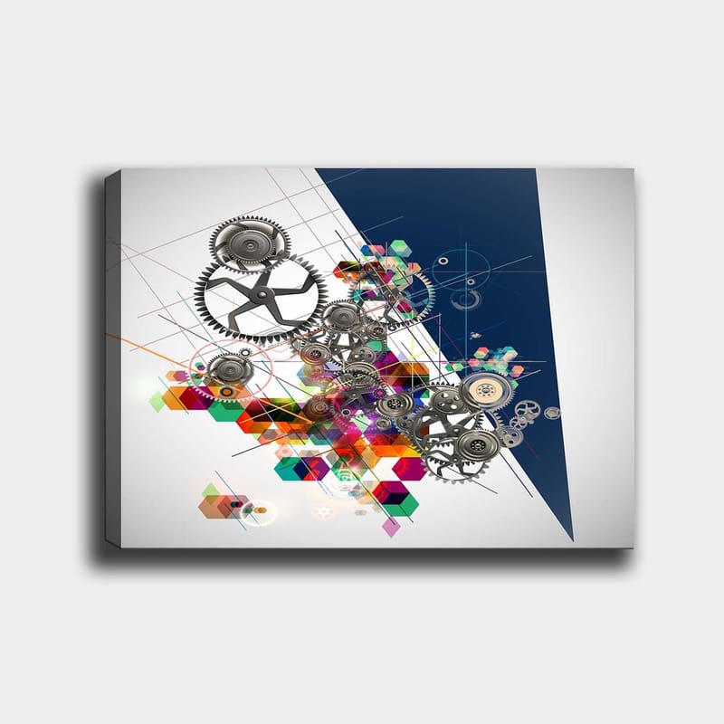 Lærred 70x100 cm - Abstrakt komposition af tandhjul og geometriske former i livlige farver, Grå / Rød / Grøn