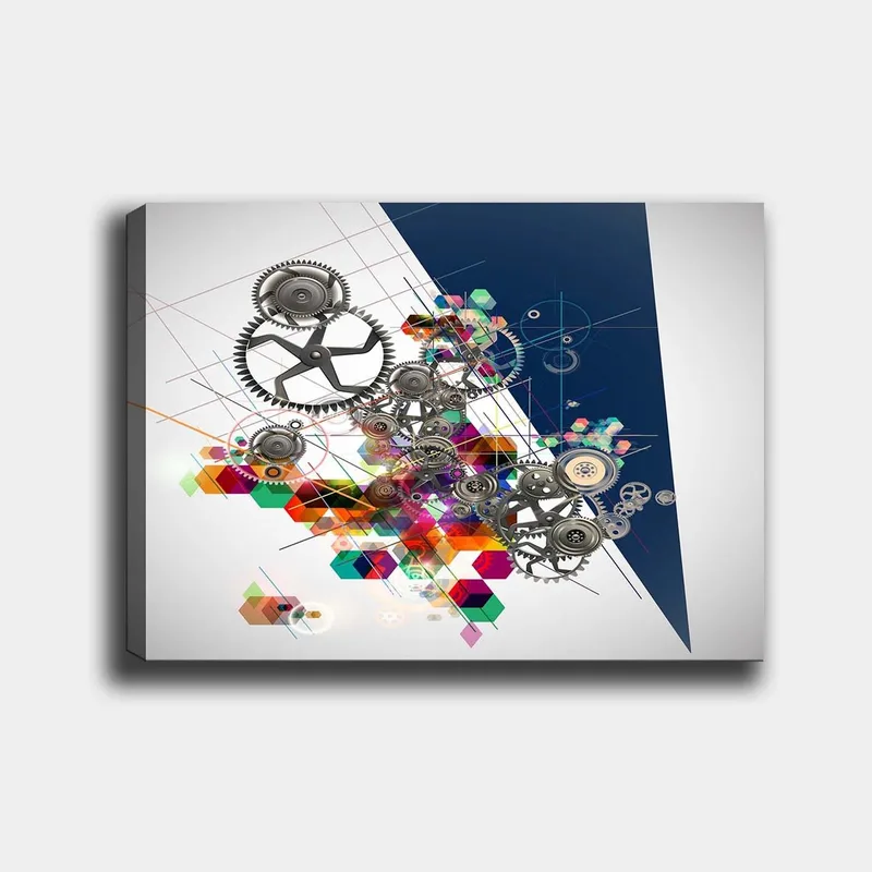Lærred 70x100 cm - Abstrakt komposition af tandhjul og geometriske former i livlige farver, Grå / Rød / Grøn