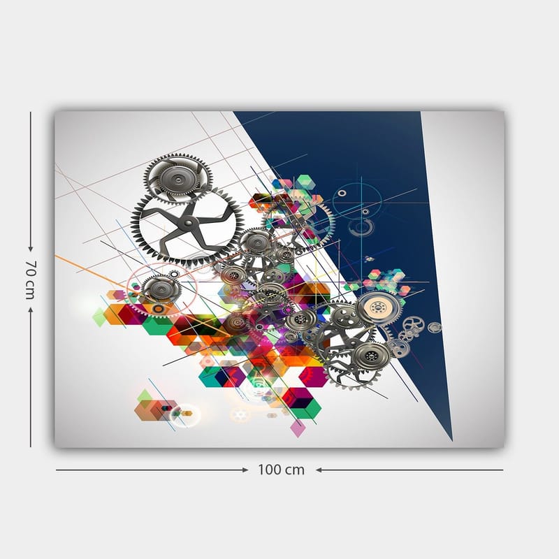 Lærred 70x100 cm - Abstrakt komposition af tandhjul og geometriske former i livlige farver - Grå / Rød / Grøn - Boligtilbehør - Billeder & kunst - Billeder på lærred