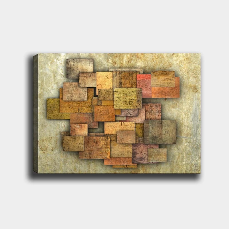 Lærred 70x100 cm - Abstrakt komposition af træplader i forskellige nuancer, der skaber en dynamisk struktur, Gyldenbrun / Orange / Beige