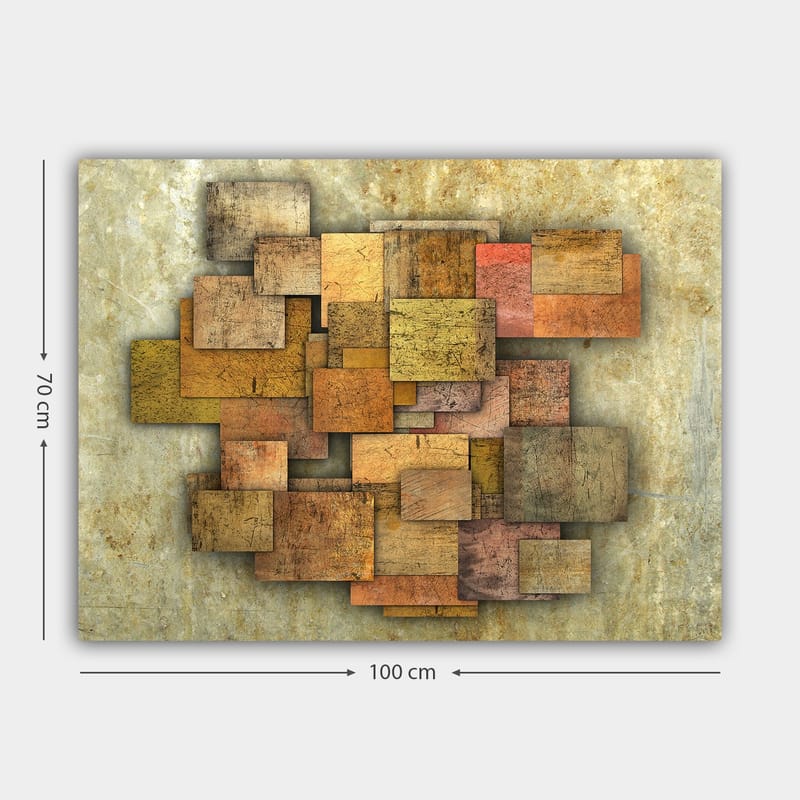 Lærred 70x100 cm - Abstrakt komposition af træplader i forskellige nuancer, der skaber en dynamisk struktur - Gyldenbrun / Orange / Beige - Boligtilbehør - Billeder & kunst - Billeder på lærred