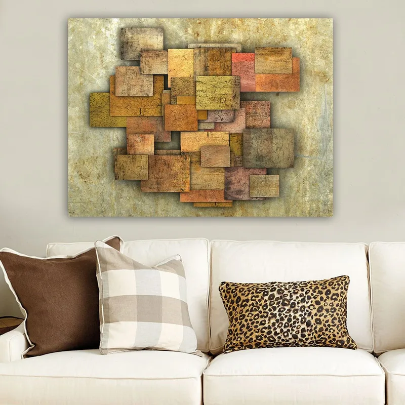 Lærred 70x100 cm - Abstrakt komposition af træplader i forskellige nuancer, der skaber en dynamisk struktur - Gyldenbrun / Orange / Beige - Boligtilbehør - Billeder & kunst - Billeder på lærred