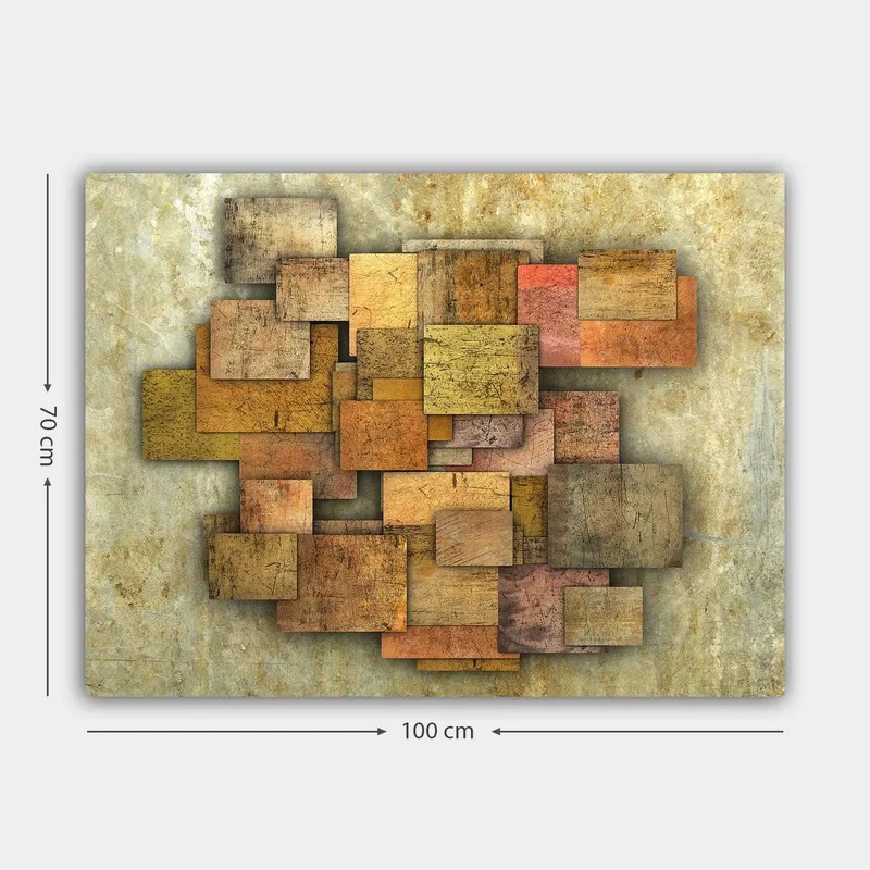 Lærred 70x100 cm - Abstrakt komposition af træplader i forskellige nuancer, der skaber en dynamisk struktur - Gyldenbrun / Orange / Beige - Boligtilbehør - Billeder & kunst - Billeder på lærred