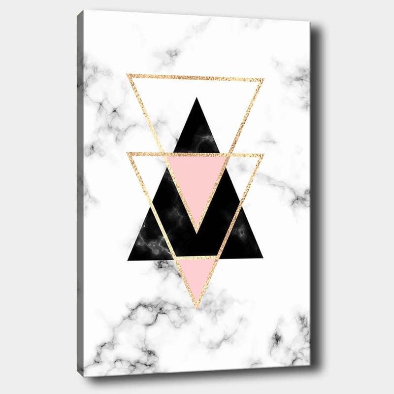 Lærred 70x100 cm - Abstrakt komposition af trekanter i forskellige farver og former - Sort / Pink / Guld - Boligtilbehør - Billeder & kunst - Billeder på lærred