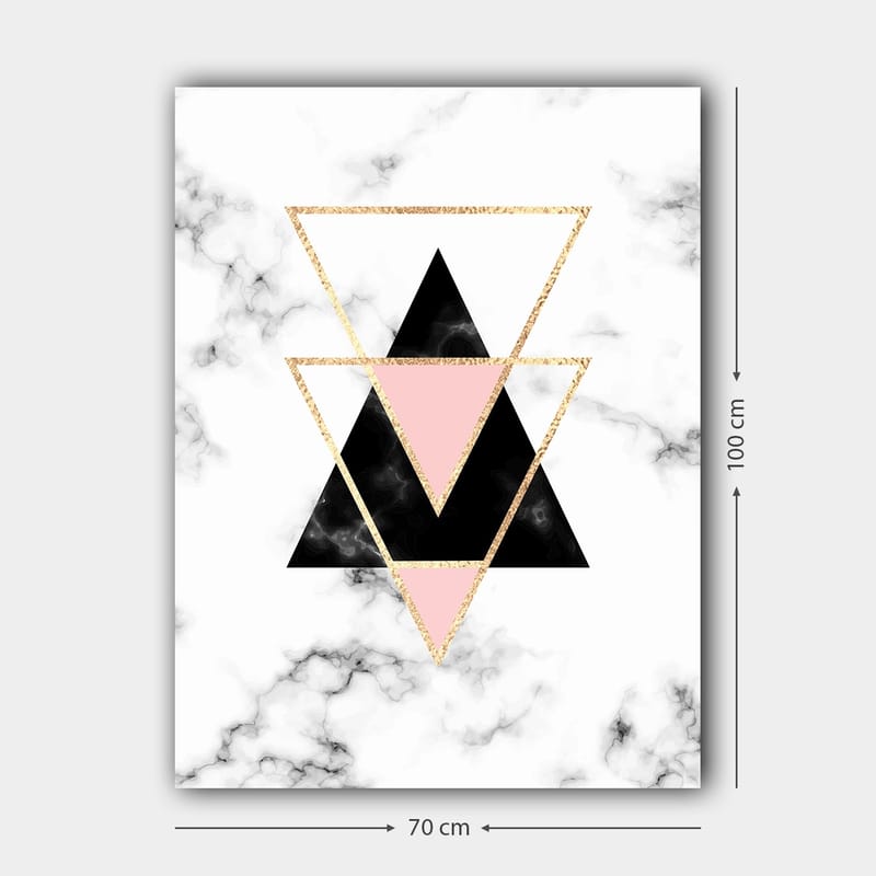 Lærred 70x100 cm - Abstrakt komposition af trekanter i forskellige farver og former - Sort / Pink / Guld - Boligtilbehør - Billeder & kunst - Billeder på lærred