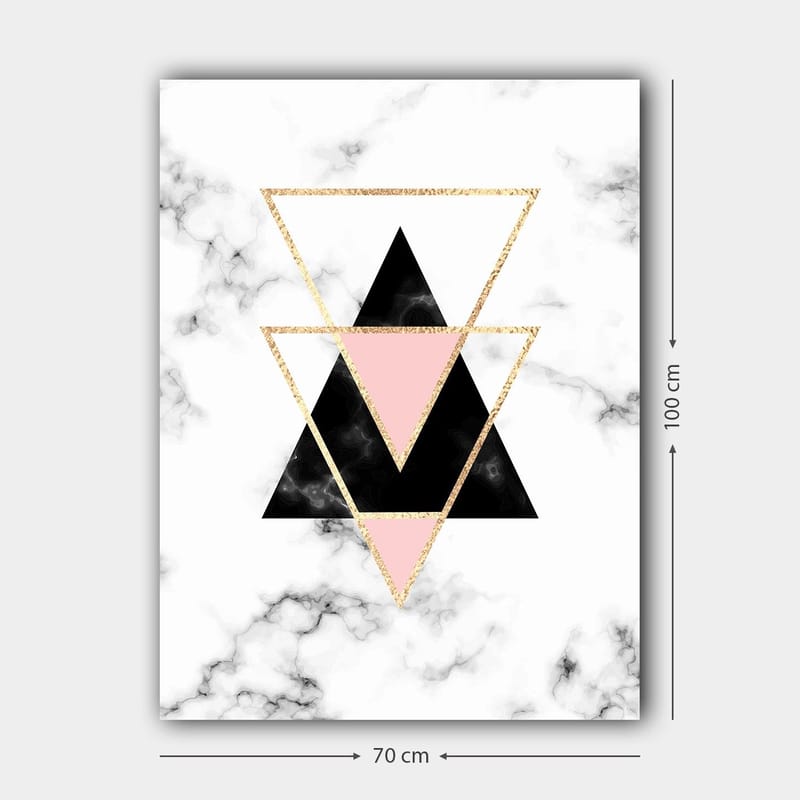 Lærred 70x100 cm - Abstrakt komposition af trekanter i forskellige farver og former - Sort / Pink / Guld - Boligtilbehør - Billeder & kunst - Billeder på lærred
