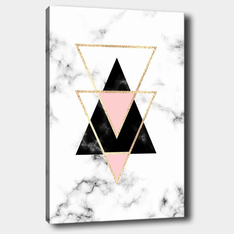 Lærred 70x100 cm - Abstrakt komposition af trekanter i forskellige farver og former, Sort / Pink / Guld