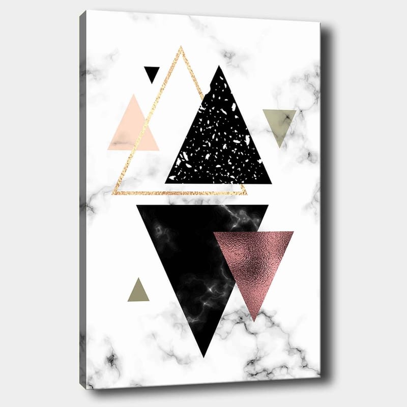 Lærred 70x100 cm - Abstrakt komposition af trekanter i forskellige former og farver - Sort / Pink / Guld - Boligtilbehør - Billeder & kunst - Billeder på lærred