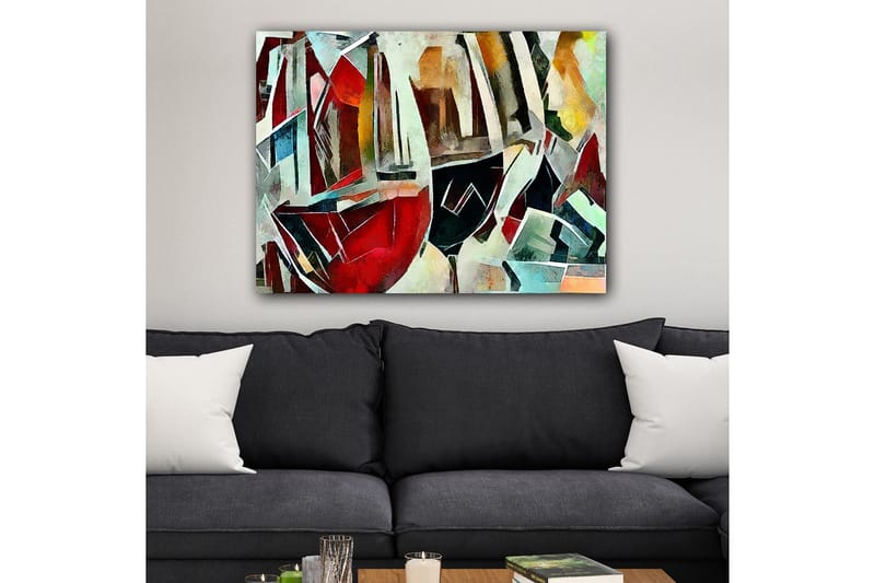 Lærred 70x100 cm - Abstrakt komposition af vinglas i forskellige former og farver - Rød / Sort / Blå - Boligtilbehør - Billeder & kunst - Billeder på lærred