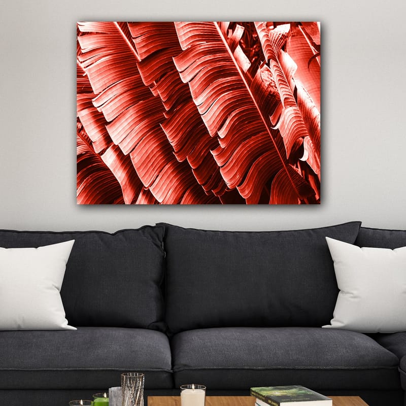 Lærred 70x100 cm - Abstrakt komposition af planteblade i dybe røde nuancer - Rød / Mørkerød - Boligtilbehør - Billeder & kunst - Billeder på lærred