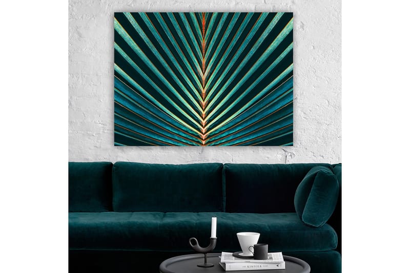 Lærred 70x100 cm - Abstrakt komposition af palmeblade med klare linjer og symmetri - Mørkegrøn / Turkis / Orange - Boligtilbehør - Billeder & kunst - Billeder på lærred