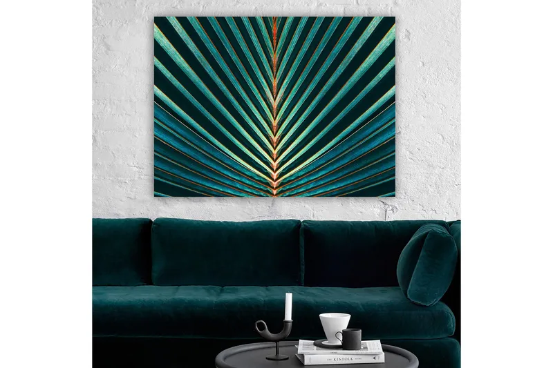 Lærred 70x100 cm - Abstrakt komposition af palmeblade med klare linjer og symmetri - Mørkegrøn / Turkis / Orange - Boligtilbehør - Billeder & kunst - Billeder på lærred