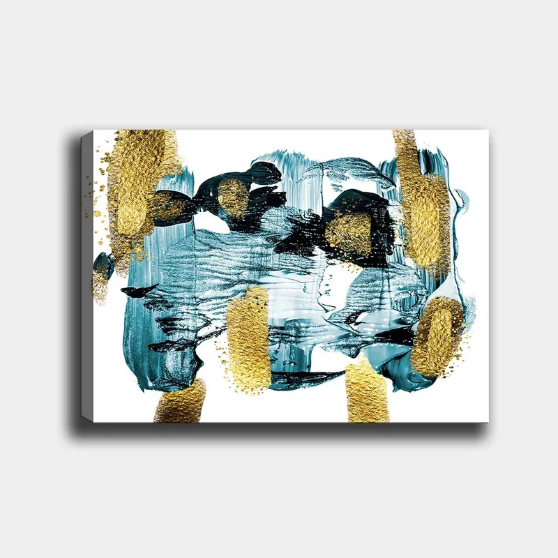 Lærred 70x100 cm - Abstrakt komposition med blå og guld elementer, der skaber en dynamisk følelse, Mørkeblå / Guld / Lyseblå