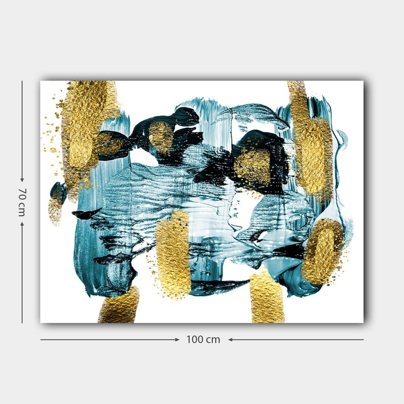 Lærred 70x100 cm - Abstrakt komposition med blå og guld elementer, der skaber en dynamisk følelse - Mørkeblå / Guld / Lyseblå - Boligtilbehør - Billeder & kunst - Billeder på lærred