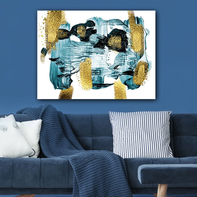Lærred 70x100 cm - Abstrakt komposition med blå og guld elementer, der skaber en dynamisk følelse - Mørkeblå / Guld / Lyseblå - Boligtilbehør - Billeder & kunst - Billeder på lærred