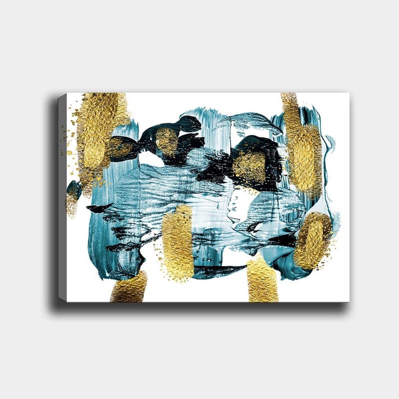 Lærred 70x100 cm - Abstrakt komposition med blå og guld elementer, der skaber en dynamisk følelse, Mørkeblå / Guld / Lyseblå
