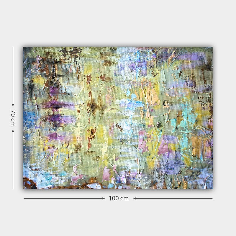 Lærred 70x100 cm - Abstrakt komposition med bløde farveovergange og teksturer, der skaber en drømmeagtig atmosfære - Lysegrøn / Lilla / Beige - Boligtilbehør - Billeder & kunst - Billeder på lærred