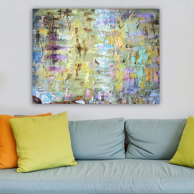 Lærred 70x100 cm - Abstrakt komposition med bløde farveovergange og teksturer, der skaber en drømmeagtig atmosfære - Lysegrøn / Lilla / Beige - Boligtilbehør - Billeder & kunst - Billeder på lærred