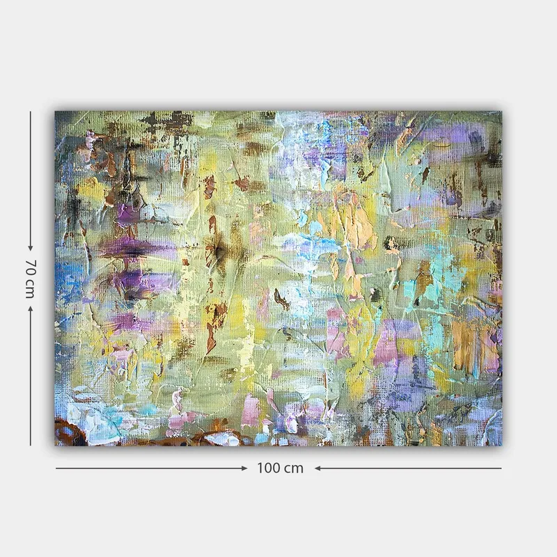 Lærred 70x100 cm - Abstrakt komposition med bløde farveovergange og teksturer, der skaber en drømmeagtig atmosfære - Lysegrøn / Lilla / Beige - Boligtilbehør - Billeder & kunst - Billeder på lærred