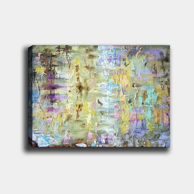 Lærred 70x100 cm - Abstrakt komposition med bløde farveovergange og teksturer, der skaber en drømmeagtig atmosfære, Lysegrøn / Lilla / Beige