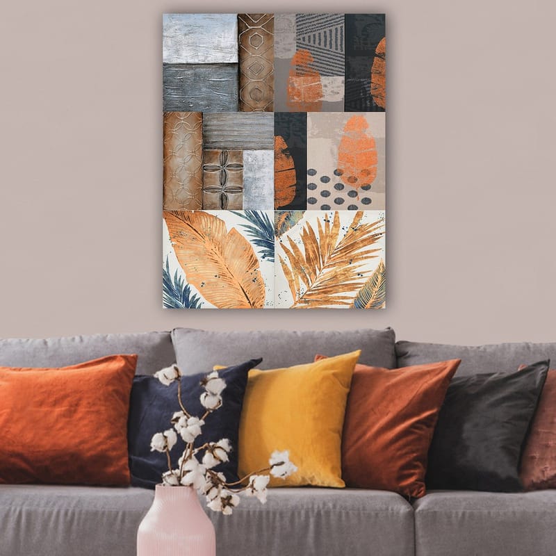 Lærred 70x100 cm - Abstrakt komposition med bladmotiver og geometriske mønstre i jordfarver - Orange / Grå / Beige - Boligtilbehør - Billeder & kunst - Billeder på lærred