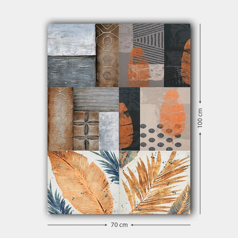 Lærred 70x100 cm - Abstrakt komposition med bladmotiver og geometriske mønstre i jordfarver - Orange / Grå / Beige - Boligtilbehør - Billeder & kunst - Billeder på lærred