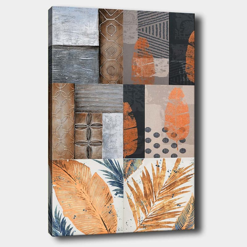 Lærred 70x100 cm - Abstrakt komposition med bladmotiver og geometriske mønstre i jordfarver, Orange / Grå / Beige