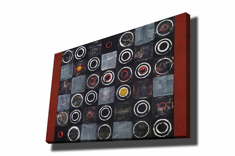 Lærred 70x100 cm - Abstrakt komposition med cirkler og firkanter i kontrastfarver, Sort / Grå / Rød