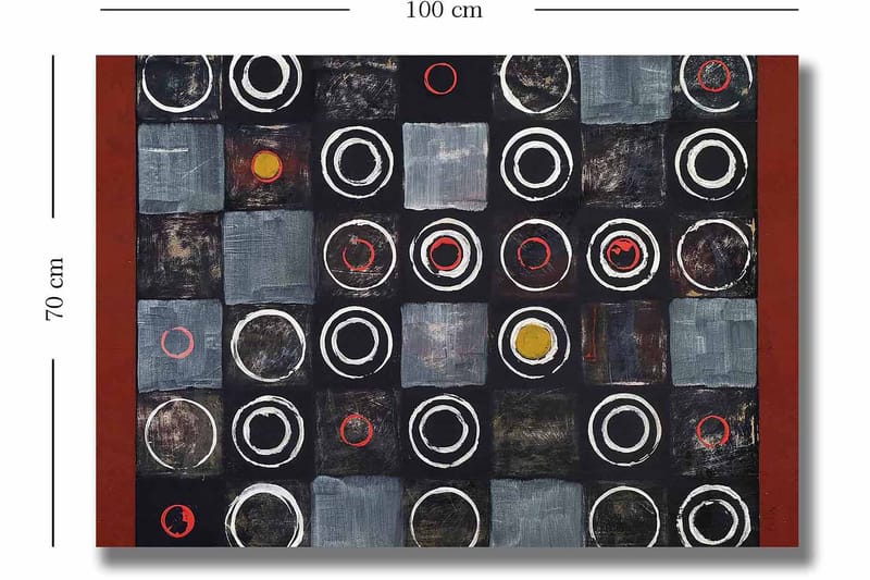 Lærred 70x100 cm - Abstrakt komposition med cirkler og firkanter i kontrastfarver - Sort / Grå / Rød - Boligtilbehør - Billeder & kunst - Billeder på lærred