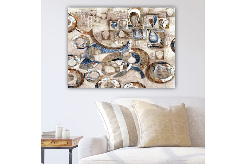 Lærred 70x100 cm - Abstrakt komposition med cirkler og geometriske former i forskellige nuancer, Blå / Brun / Beige