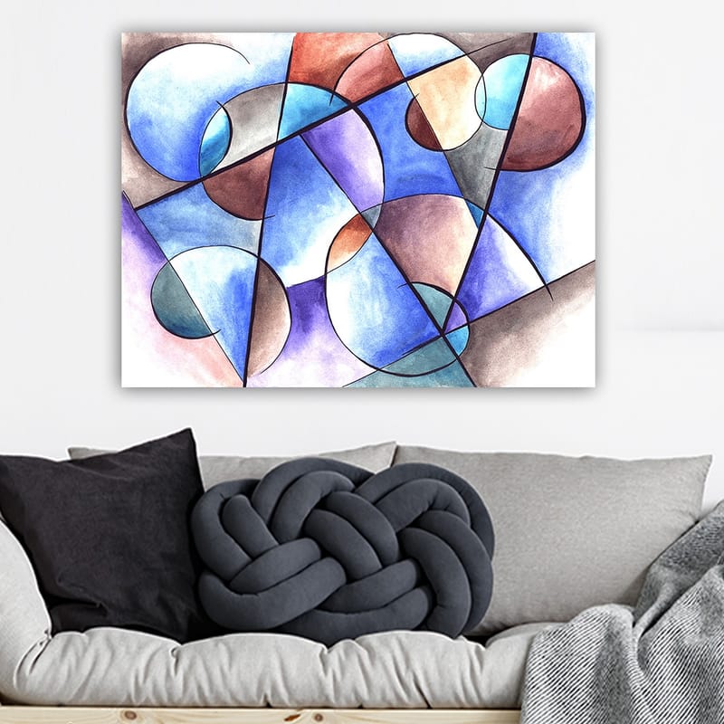 Lærred 70x100 cm - Abstrakt komposition med cirkler og geometriske former i harmoniske farver - Blå / Brun / Terrakotta - Boligtilbehør - Billeder & kunst - Billeder på lærred