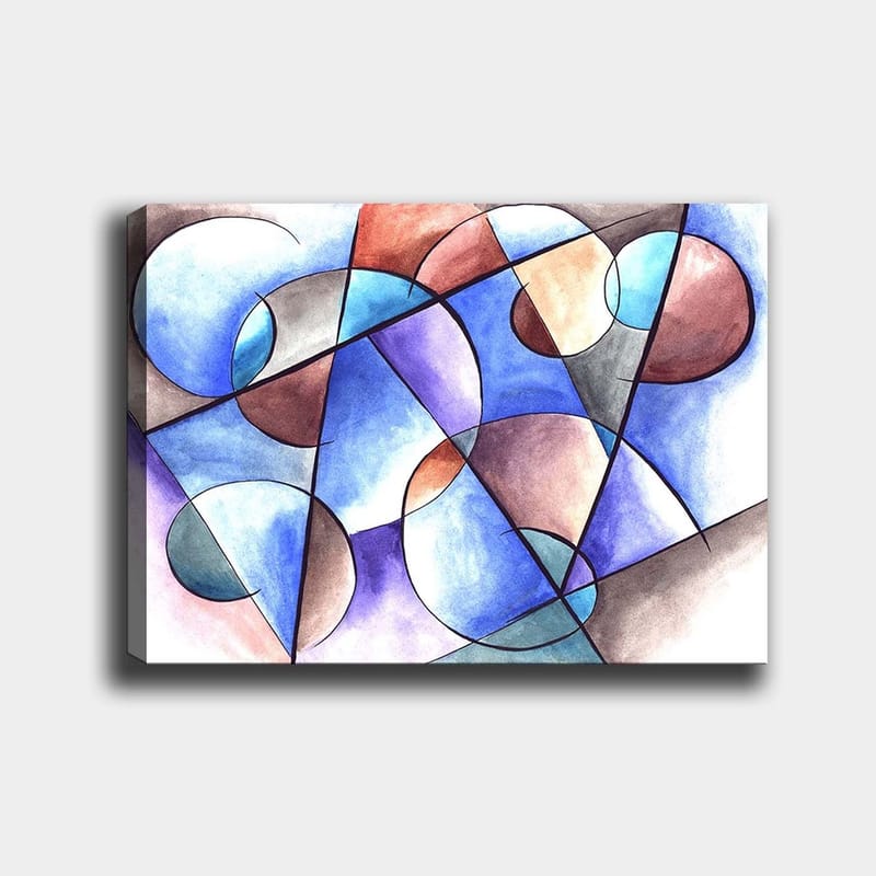 Lærred 70x100 cm - Abstrakt komposition med cirkler og geometriske former i harmoniske farver, Blå / Brun / Terrakotta