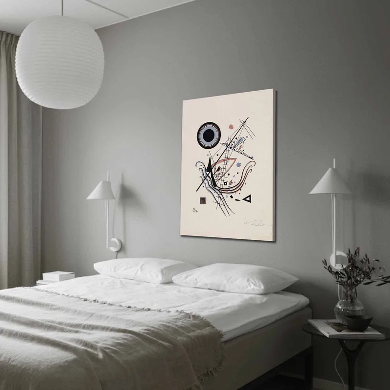 Lærred 70x100 cm - Abstrakt komposition med cirkler og linjer i harmonisk balance, Sort / Rød / Blå